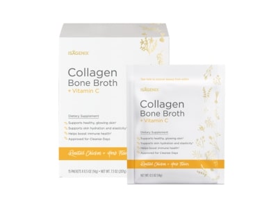 Collagen Bone Broth is easy to prepare and contains collagen peptides and vitamins C.